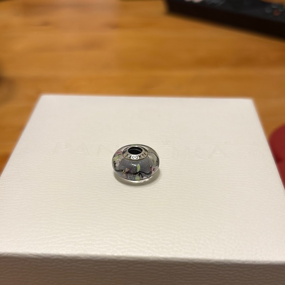 Pandora Silver Purple Glass Murano Charm with Subtle Floral Accents